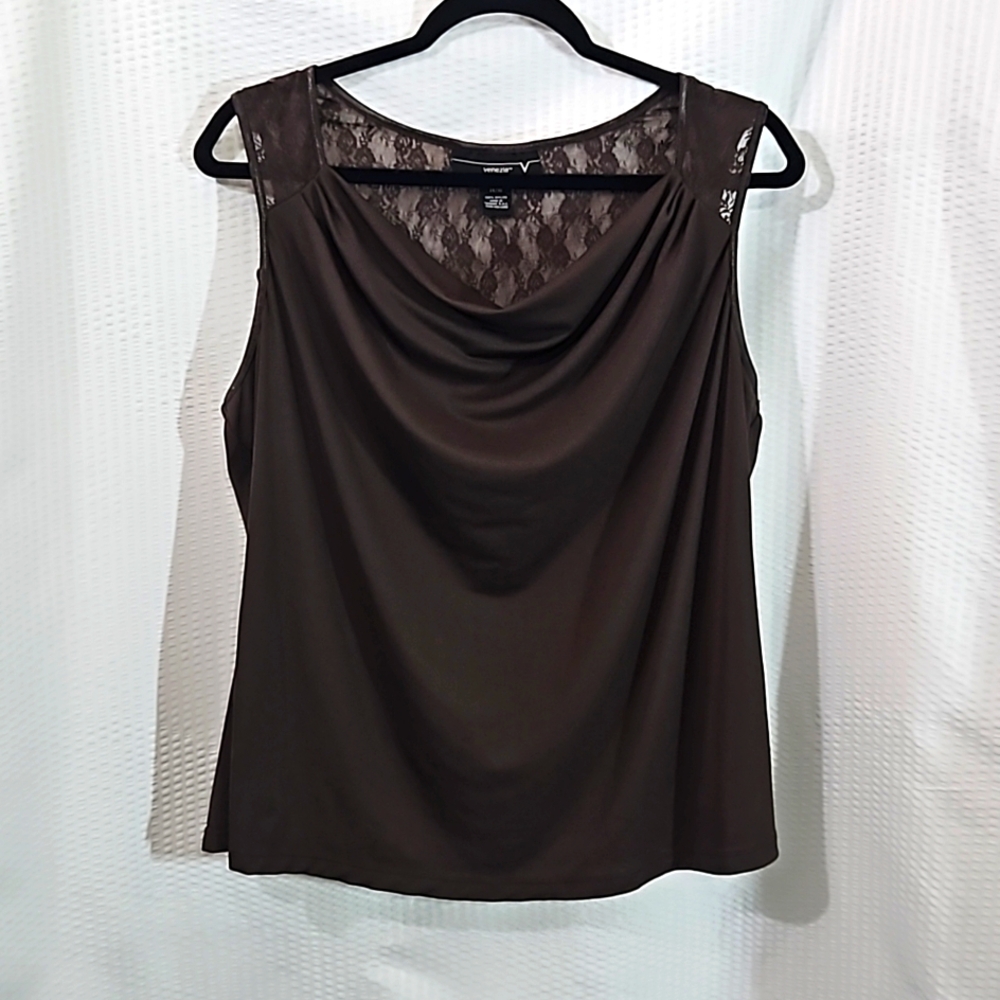 Venezia Brown Cowl Neck Sleeveless Lace Blouse Size 14/16